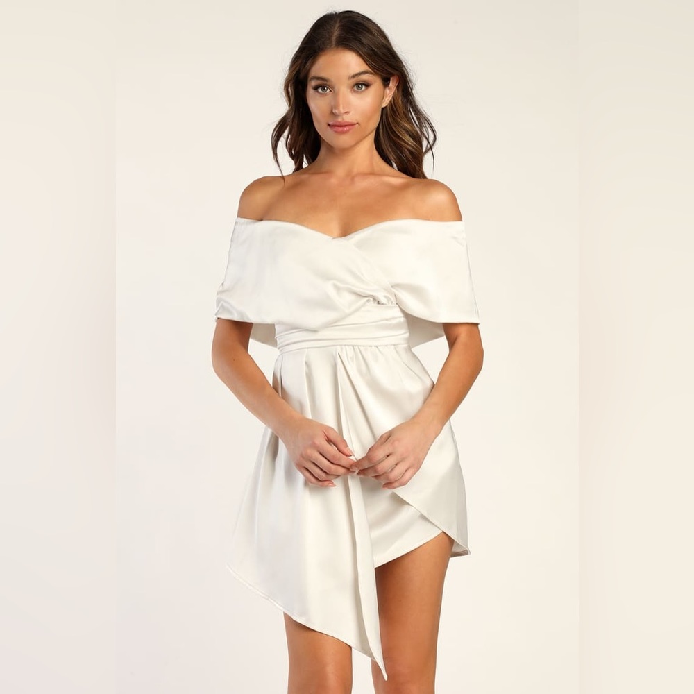 NWT Always Celebrating Ivory Satin Off-the-Shoulder Mini Dress SIZE SMALL